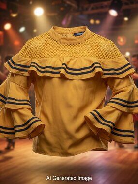 Mustard Yellow Ruffle Blouse Tiered Bell Sleeves Mesh Yoke Flamenco Salsa Dance